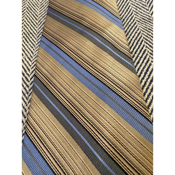 Paul Dione Mens Handmade Striped Tie Gold & Blue 100% Silk Shell - Picture 1 of 7